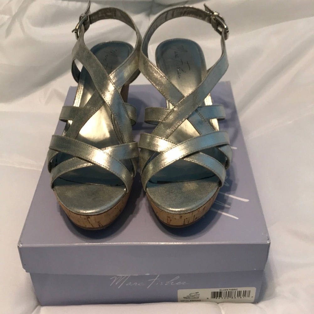 Marc Fisher silver cork wedge 3 1/2 inch size 9M